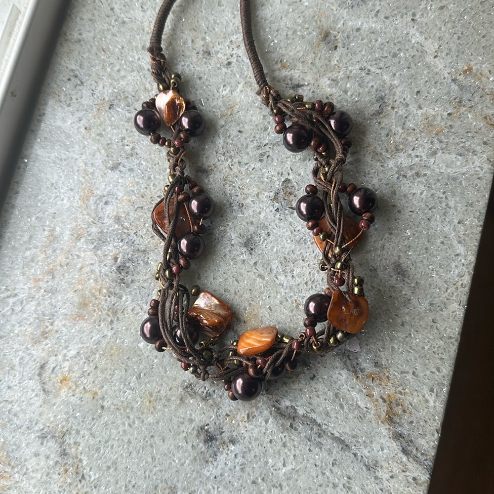 Vintage Brown and Gold Statement Necklace copper shells